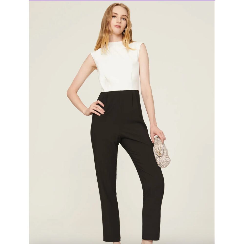 Hutch Jumpsuit Womens 6 Black Open Back‎ Crepe Mock Neck Colorblock